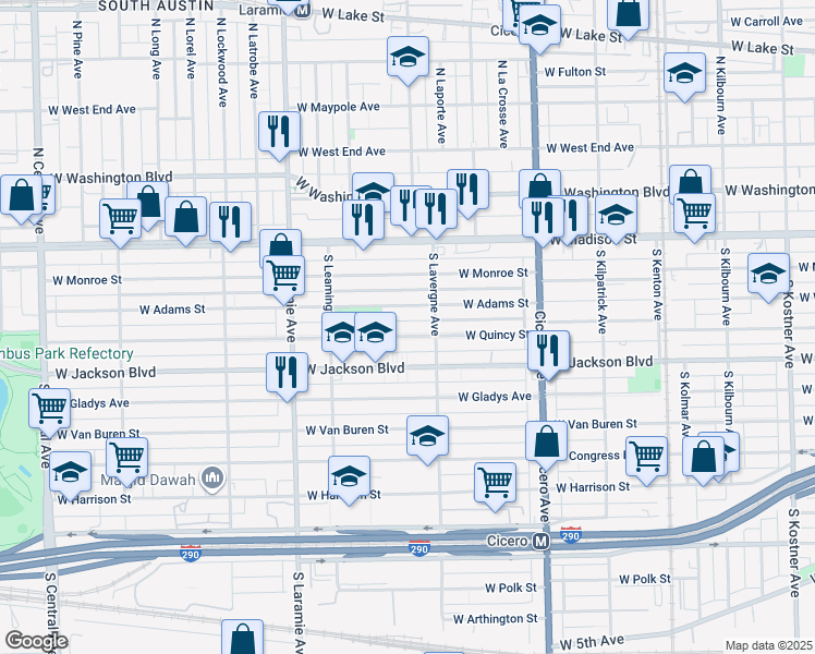 map of restaurants, bars, coffee shops, grocery stores, and more near 5015 West Adams Street in Chicago