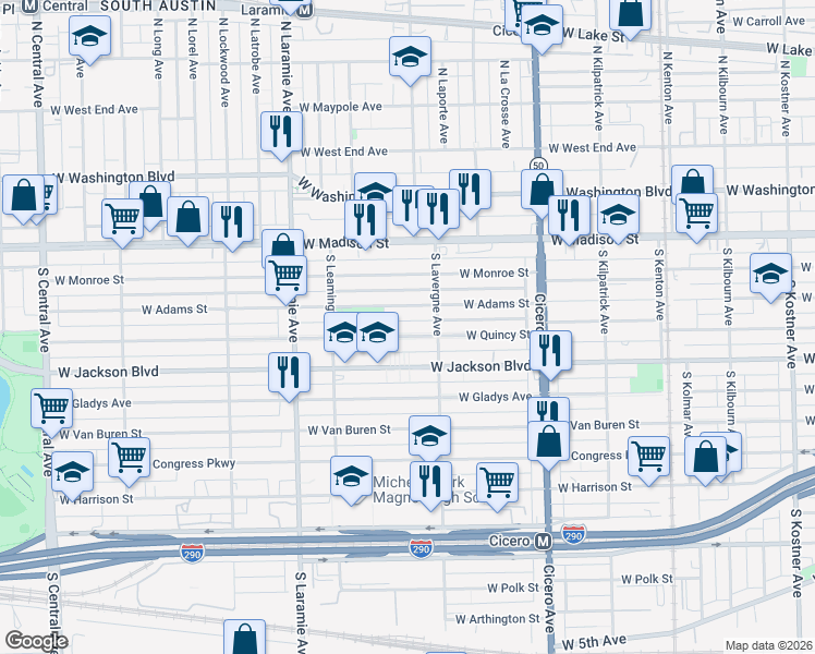 map of restaurants, bars, coffee shops, grocery stores, and more near 5015 West Adams Street in Chicago