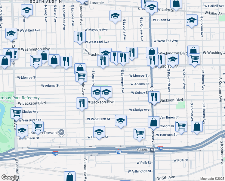 map of restaurants, bars, coffee shops, grocery stores, and more near 5046 West Adams Street in Chicago