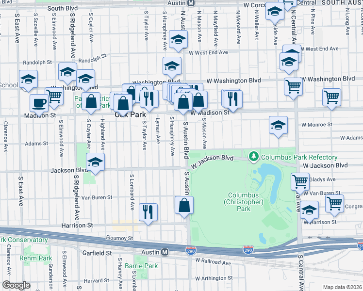 map of restaurants, bars, coffee shops, grocery stores, and more near 540 South Humphrey Avenue in Oak Park