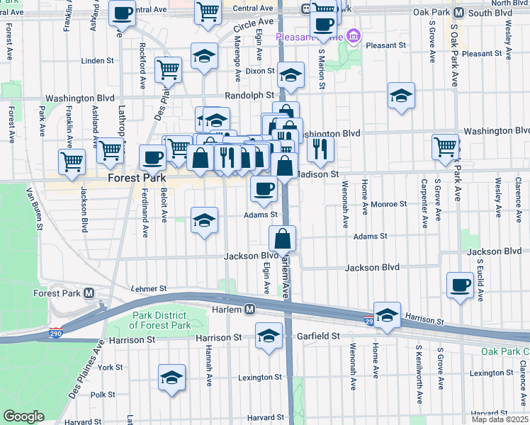map of restaurants, bars, coffee shops, grocery stores, and more near 428 Elgin Avenue in Forest Park