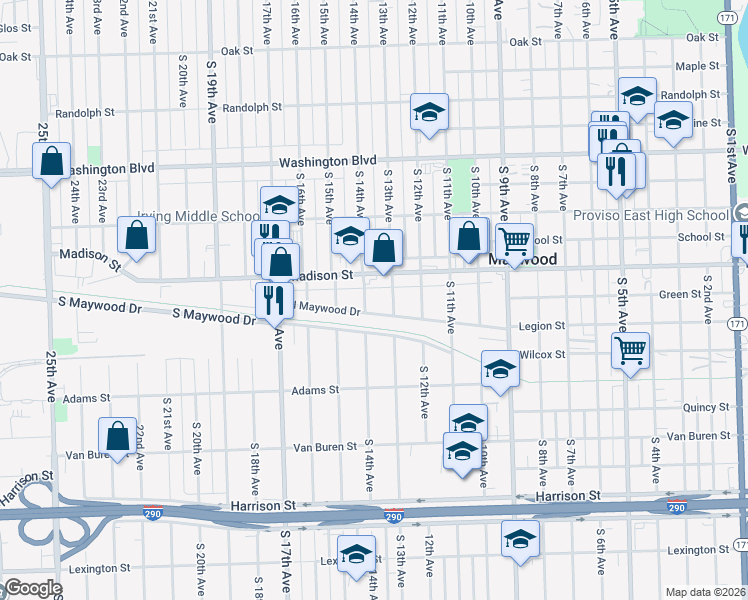 map of restaurants, bars, coffee shops, grocery stores, and more near 1300 Madison Street in Maywood