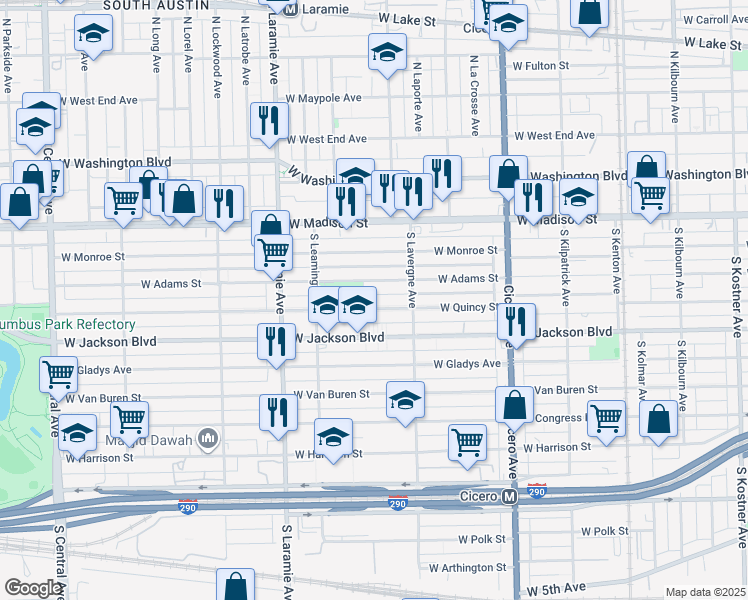 map of restaurants, bars, coffee shops, grocery stores, and more near 5046 West Adams Street in Chicago