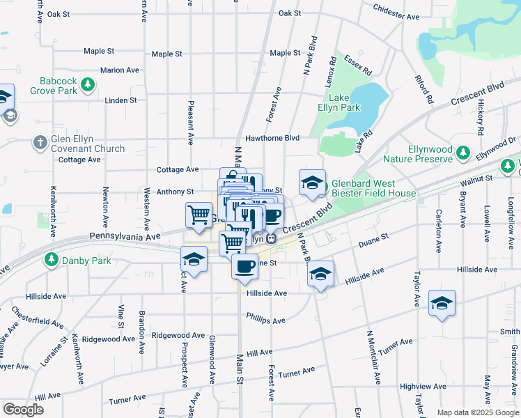 map of restaurants, bars, coffee shops, grocery stores, and more near 521 Forest Avenue in Glen Ellyn