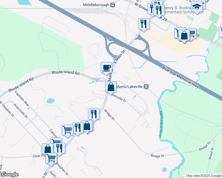 map of restaurants, bars, coffee shops, grocery stores, and more near 12 Main Street in Lakeville