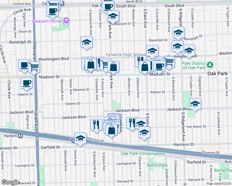 map of restaurants, bars, coffee shops, grocery stores, and more near 765 Adams Street in Oak Park