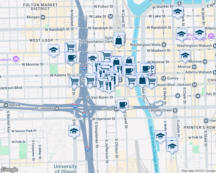 map of restaurants, bars, coffee shops, grocery stores, and more near 565 West Jackson Boulevard in Chicago