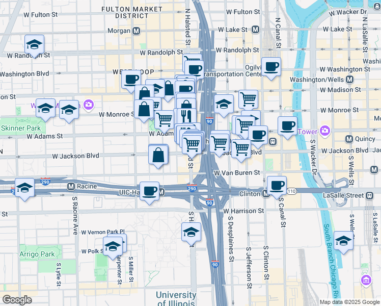 map of restaurants, bars, coffee shops, grocery stores, and more near South Halsted Street & West Jackson Boulevard in Chicago