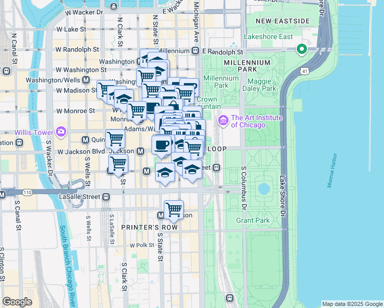 map of restaurants, bars, coffee shops, grocery stores, and more near 310 South Michigan Avenue in Chicago