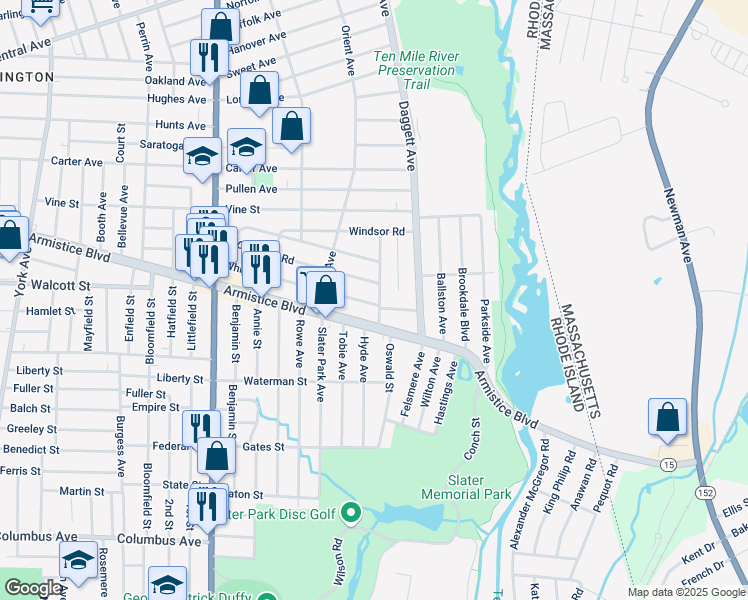 map of restaurants, bars, coffee shops, grocery stores, and more near 145 Crescent Road in Pawtucket