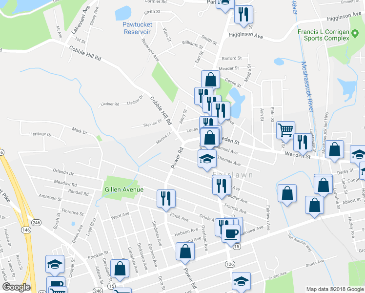 map of restaurants, bars, coffee shops, grocery stores, and more near 573 Power Road in Pawtucket