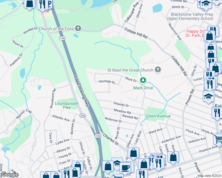 map of restaurants, bars, coffee shops, grocery stores, and more near 4 Stephanie Drive in Lincoln