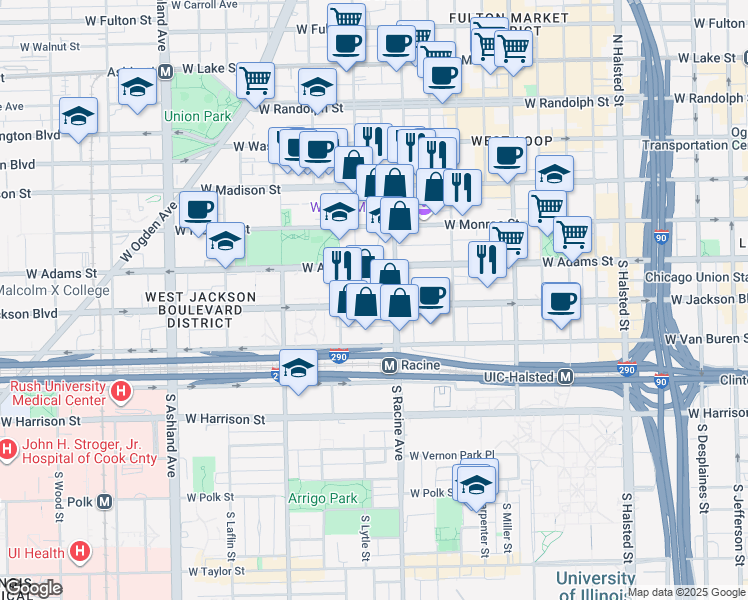 map of restaurants, bars, coffee shops, grocery stores, and more near 1234 West Cottage Place in Chicago