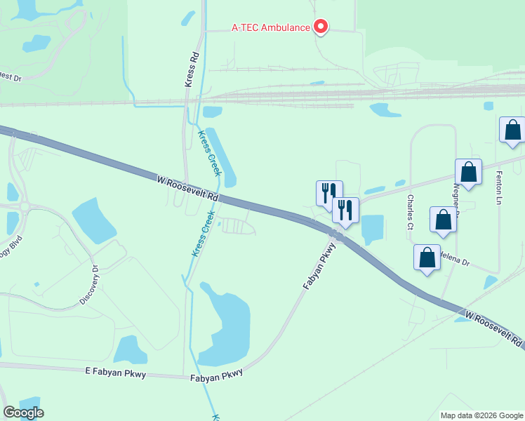 map of restaurants, bars, coffee shops, grocery stores, and more near 1820 West Roosevelt Road in West Chicago