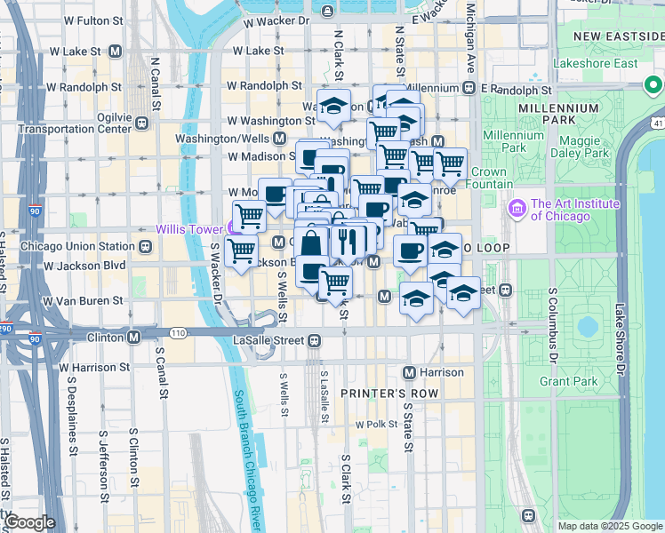map of restaurants, bars, coffee shops, grocery stores, and more near 141 West Jackson Boulevard in Chicago