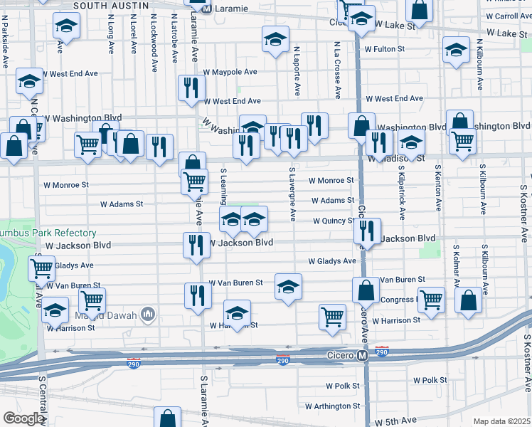 map of restaurants, bars, coffee shops, grocery stores, and more near 5040 West Quincy Street in Chicago