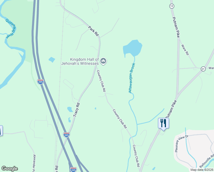 map of restaurants, bars, coffee shops, grocery stores, and more near 160 Country Club Road in Killingly