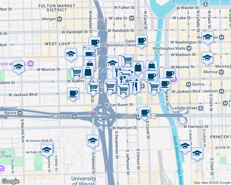 map of restaurants, bars, coffee shops, grocery stores, and more near W Jackson Blvd & S Desplaines St in Chicago