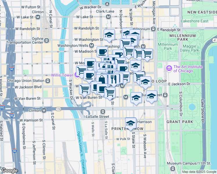 map of restaurants, bars, coffee shops, grocery stores, and more near 111 West Jackson Boulevard in Chicago