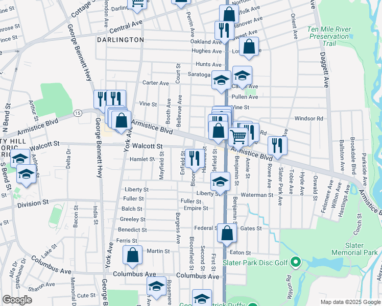 map of restaurants, bars, coffee shops, grocery stores, and more near 473 Armistice Boulevard in Pawtucket