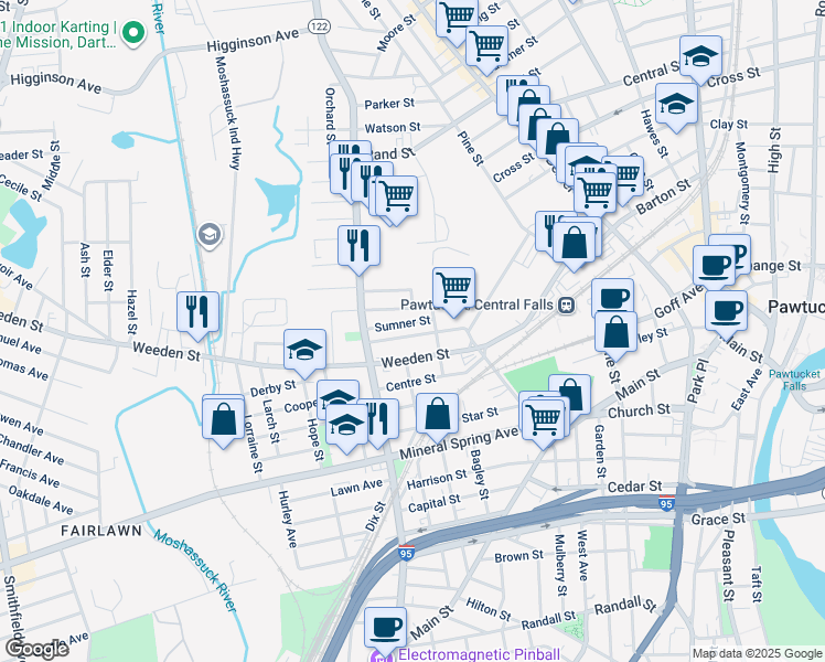 map of restaurants, bars, coffee shops, grocery stores, and more near 37 Sumner Street in Pawtucket