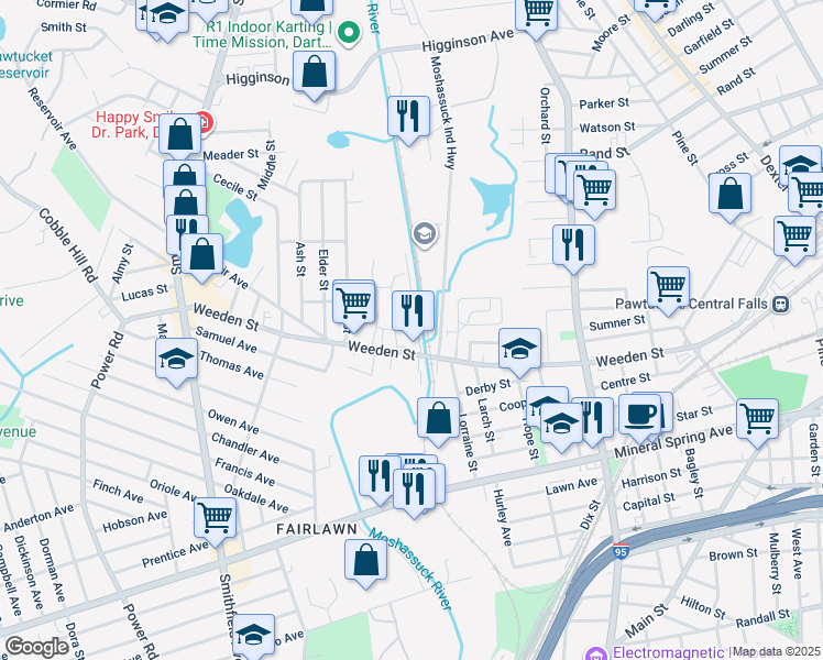 map of restaurants, bars, coffee shops, grocery stores, and more near 9 Lockbridge Street in Pawtucket