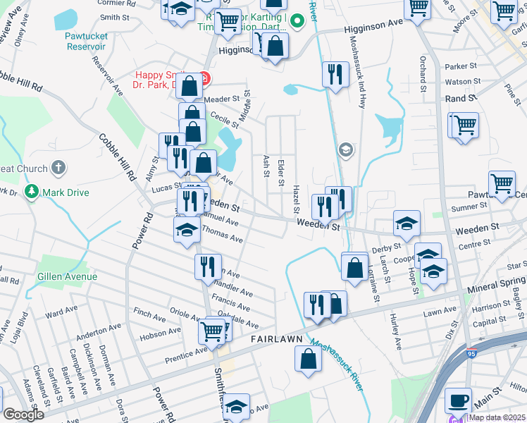 map of restaurants, bars, coffee shops, grocery stores, and more near 9 Ash Street in Pawtucket