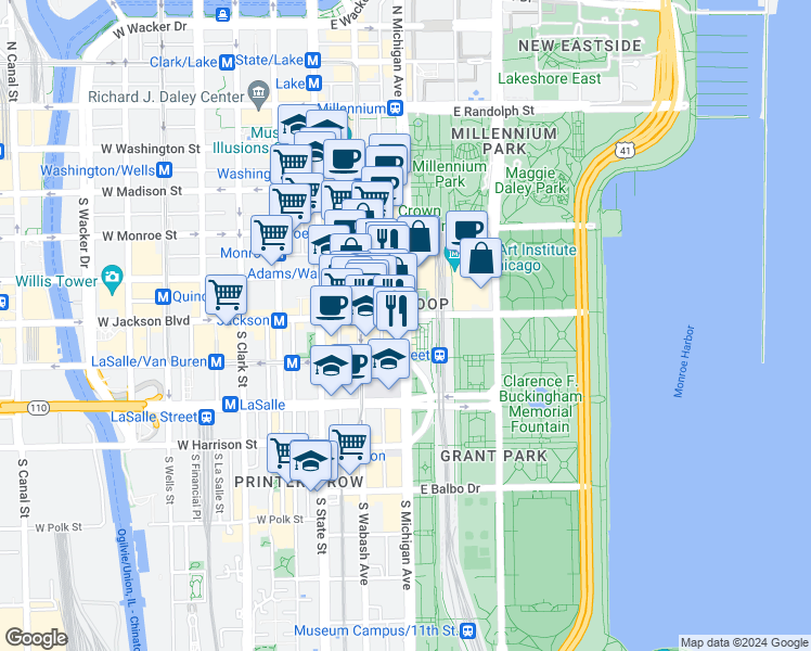 map of restaurants, bars, coffee shops, grocery stores, and more near 232 South Michigan Avenue in Chicago
