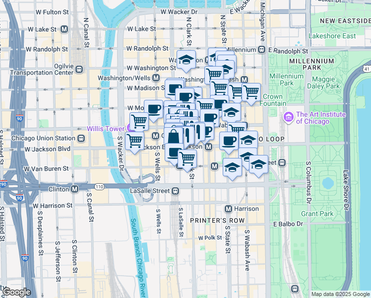 map of restaurants, bars, coffee shops, grocery stores, and more near 141 West Jackson Boulevard in Chicago