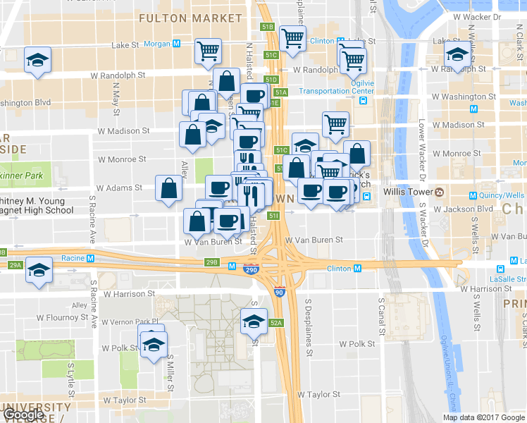 map of restaurants, bars, coffee shops, grocery stores, and more near in Chicago