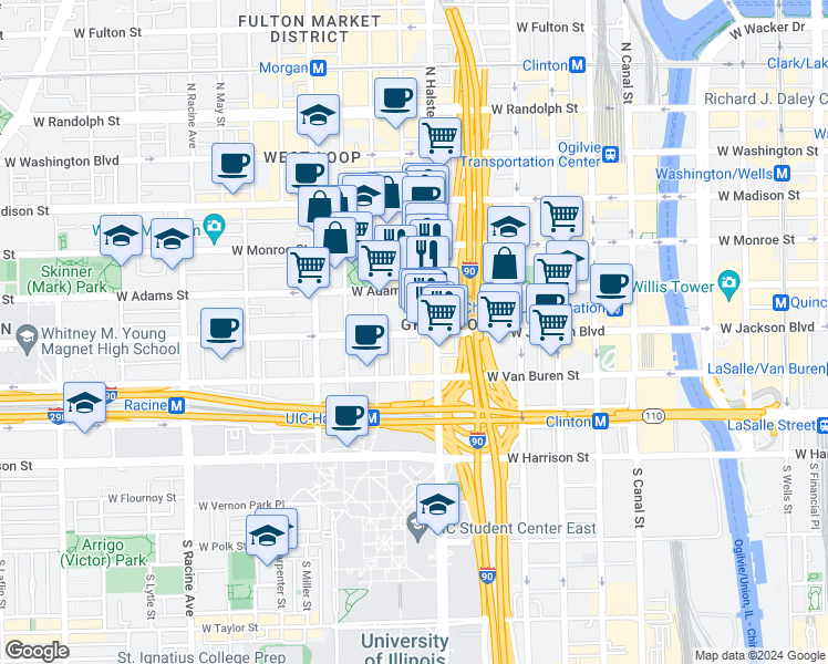 map of restaurants, bars, coffee shops, grocery stores, and more near 213 South Green Street in Chicago