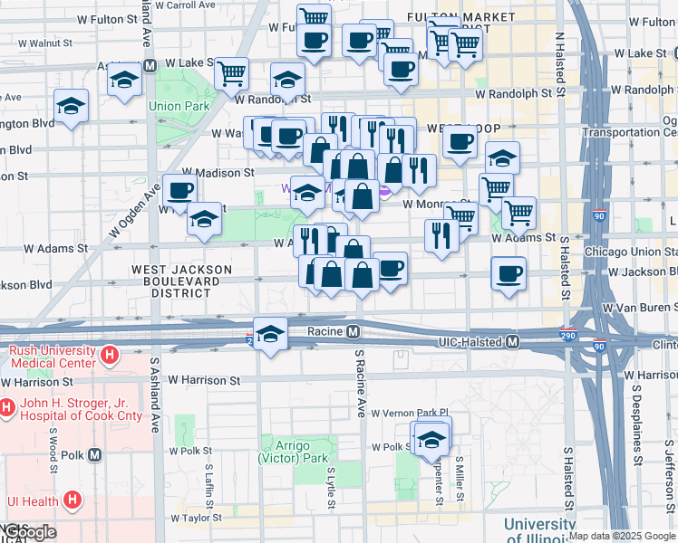 map of restaurants, bars, coffee shops, grocery stores, and more near 1234 West Cottage Place in Chicago