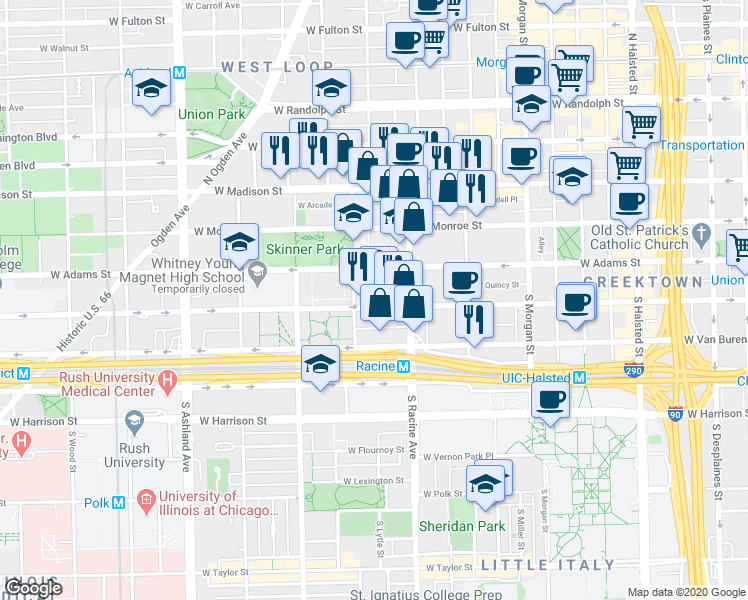 map of restaurants, bars, coffee shops, grocery stores, and more near 1234 West Cottage Place in Chicago