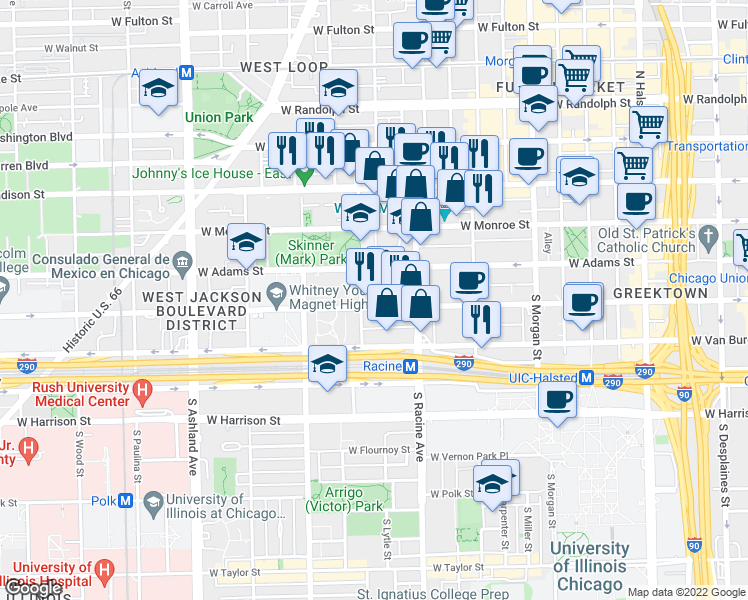 map of restaurants, bars, coffee shops, grocery stores, and more near 1234 West Cottage Place in Chicago