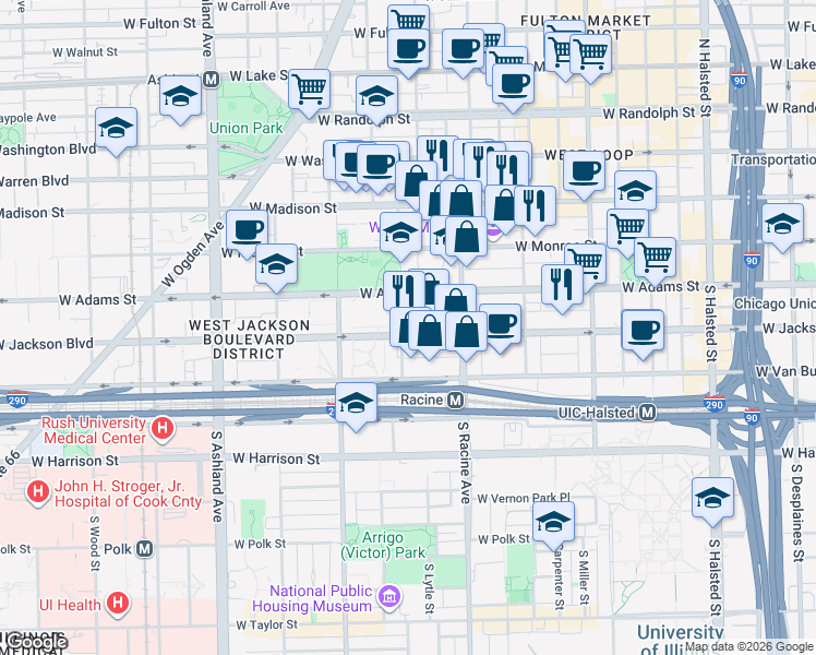 map of restaurants, bars, coffee shops, grocery stores, and more near 1234 West Cottage Place in Chicago