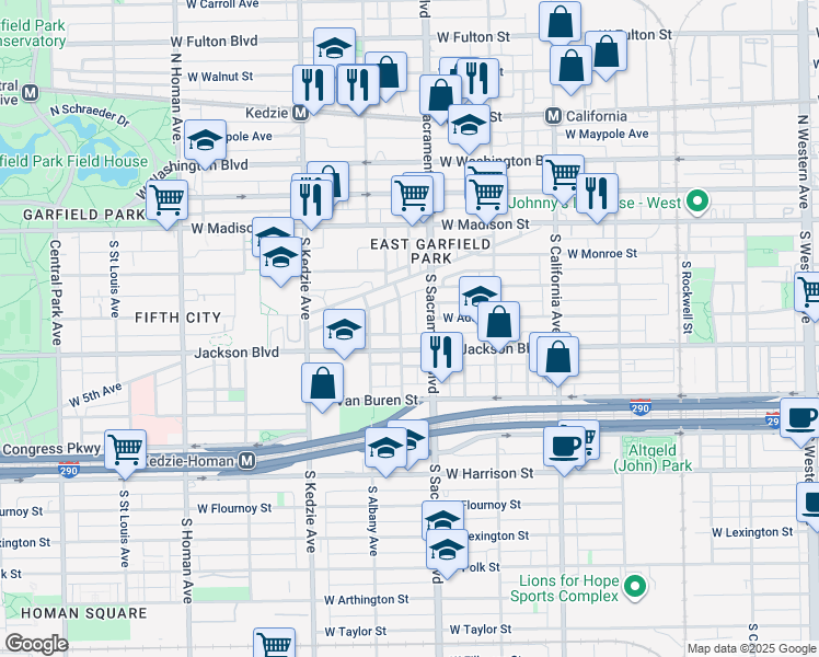 map of restaurants, bars, coffee shops, grocery stores, and more near 141 South Whipple Street in Chicago
