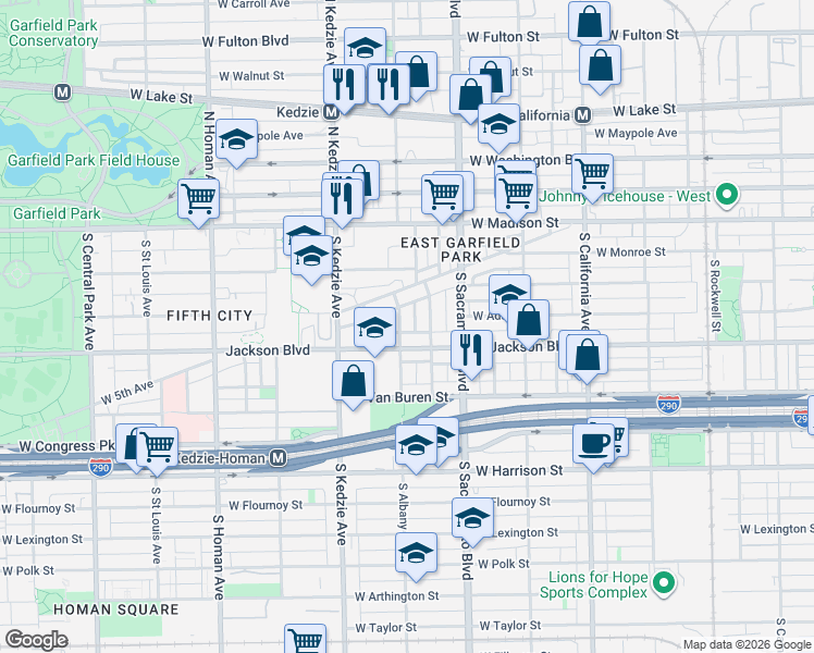 map of restaurants, bars, coffee shops, grocery stores, and more near 140 South Albany Avenue in Chicago