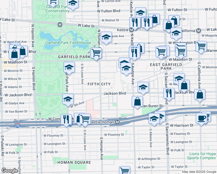 map of restaurants, bars, coffee shops, grocery stores, and more near 3328 West Adams Street in Chicago