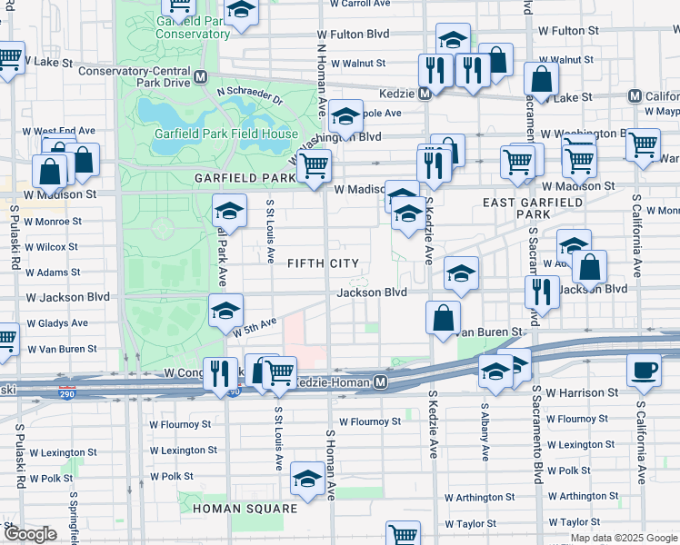 map of restaurants, bars, coffee shops, grocery stores, and more near 3402 West Adams Street in Chicago