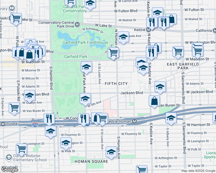 map of restaurants, bars, coffee shops, grocery stores, and more near 3432 West Adams Street in Chicago