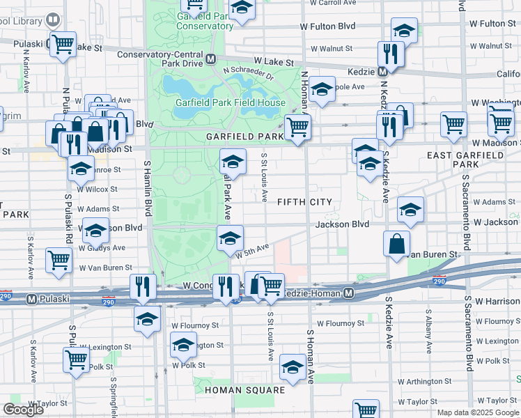 map of restaurants, bars, coffee shops, grocery stores, and more near 3508 West Adams Street in Chicago