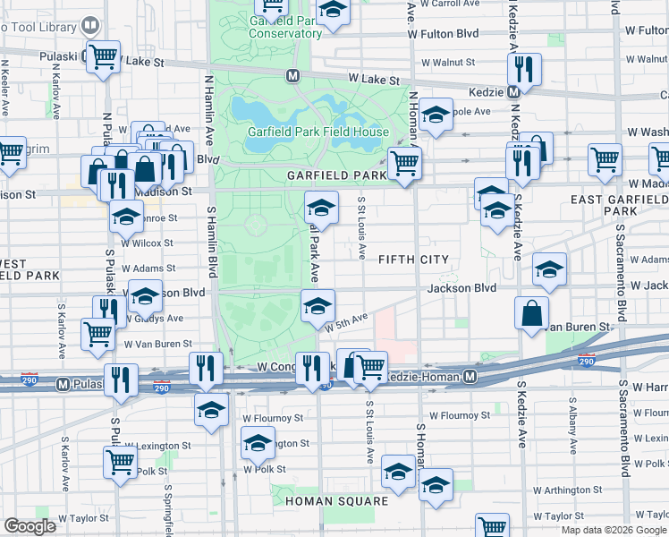 map of restaurants, bars, coffee shops, grocery stores, and more near 135 South Central Park Boulevard in Chicago