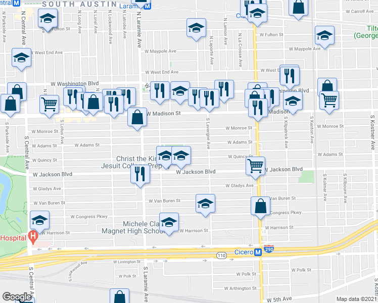 map of restaurants, bars, coffee shops, grocery stores, and more near 5046 West Adams Street in Chicago