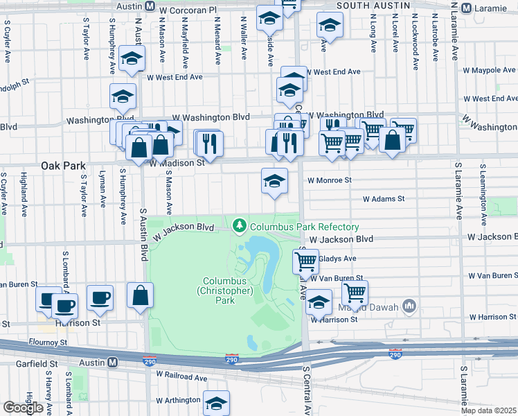 map of restaurants, bars, coffee shops, grocery stores, and more near 123 South Waller Avenue in Chicago