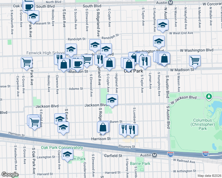 map of restaurants, bars, coffee shops, grocery stores, and more near 536 South Cuyler Avenue in Oak Park