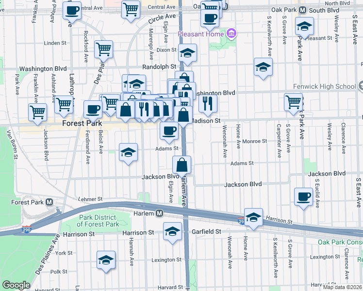 map of restaurants, bars, coffee shops, grocery stores, and more near 432 Elgin Avenue in Forest Park