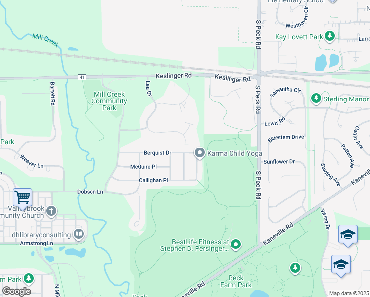 map of restaurants, bars, coffee shops, grocery stores, and more near 38W369 Lea Drive in Geneva