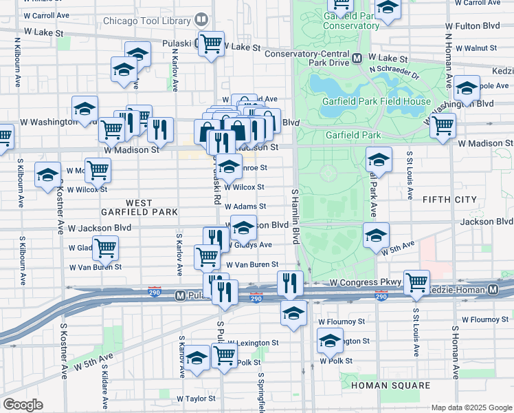 map of restaurants, bars, coffee shops, grocery stores, and more near West Adams Street in Chicago