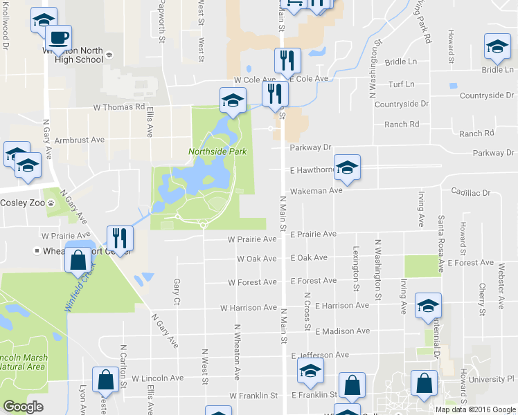 map of restaurants, bars, coffee shops, grocery stores, and more near 1310 North Main Street in Wheaton