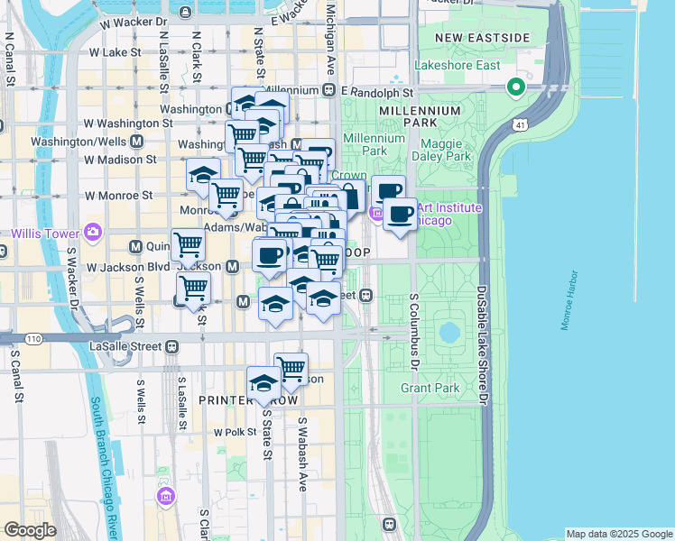 map of restaurants, bars, coffee shops, grocery stores, and more near 232 South Michigan Avenue in Chicago
